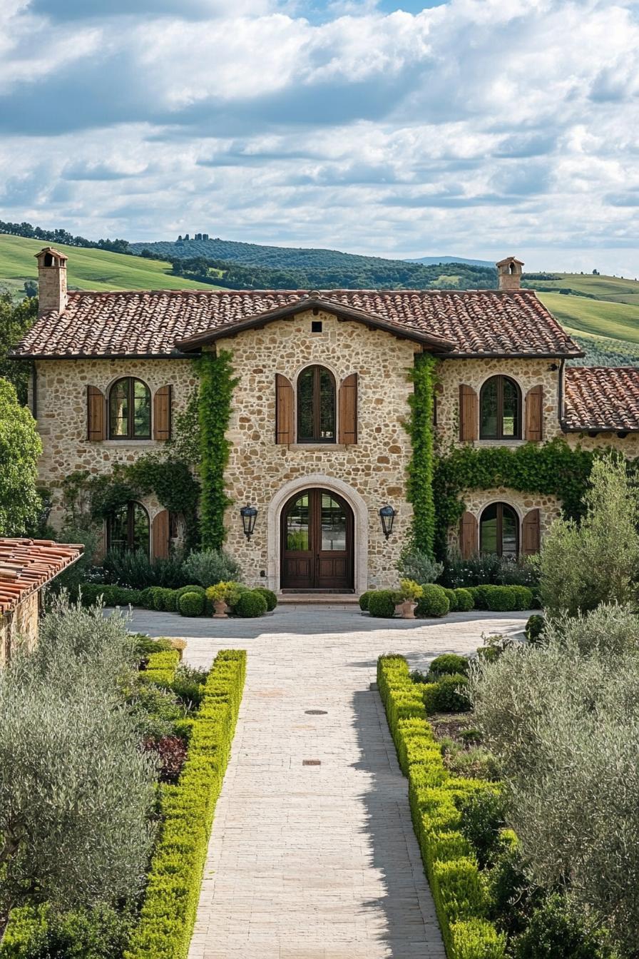 Stone house with arched windows and lush garden