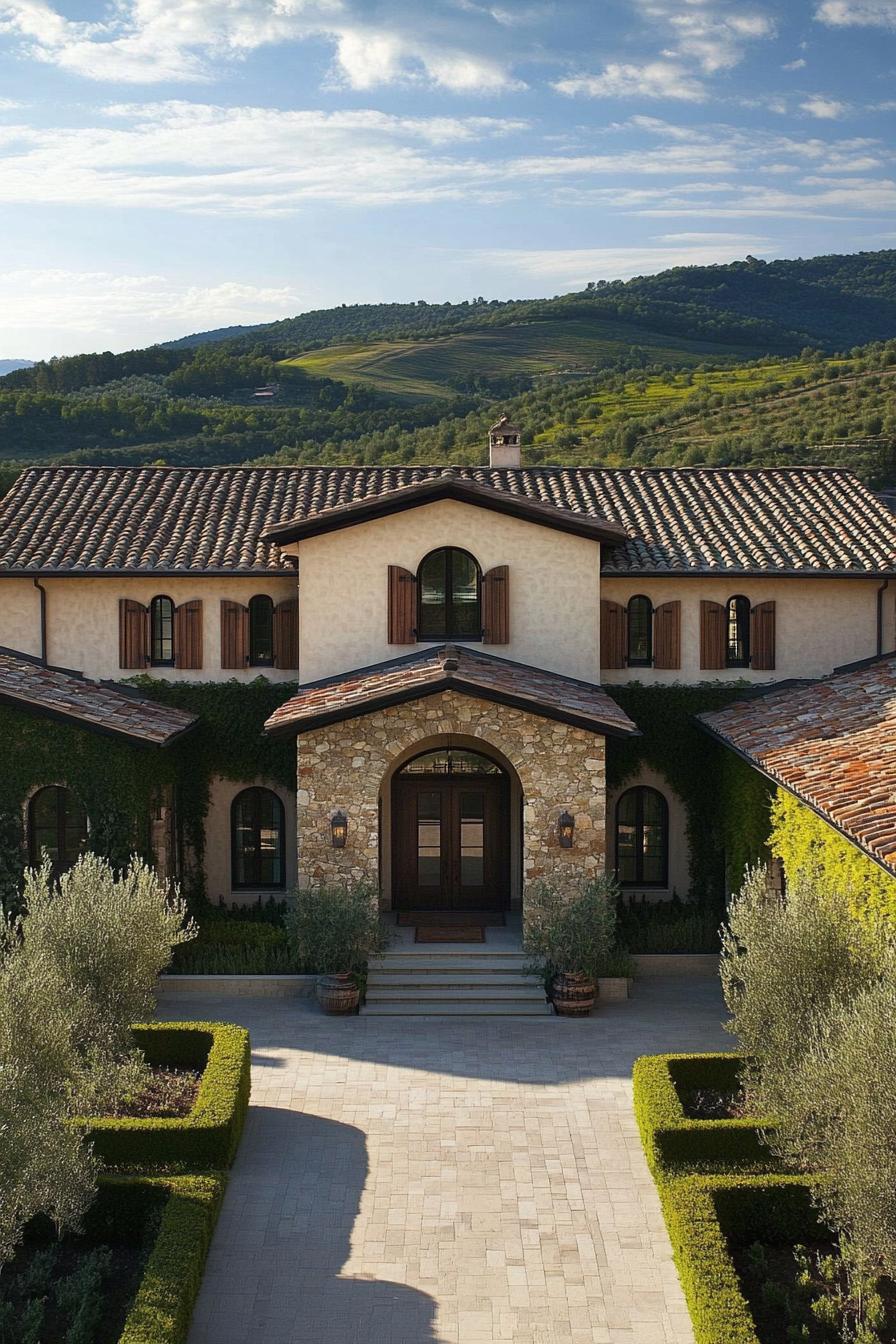 Elegant Tuscan home with stone facade and lush landscaping