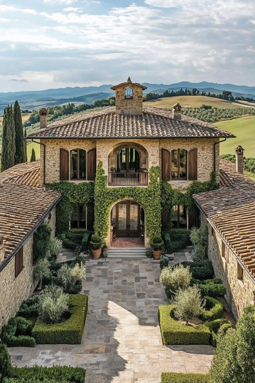 Elegant stone house with ivy and scenic views