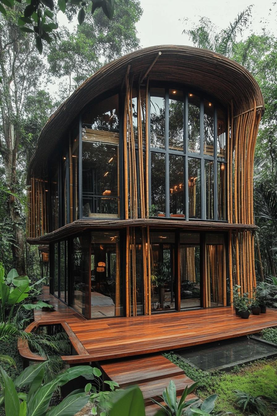 Modern bamboo house with glass facade