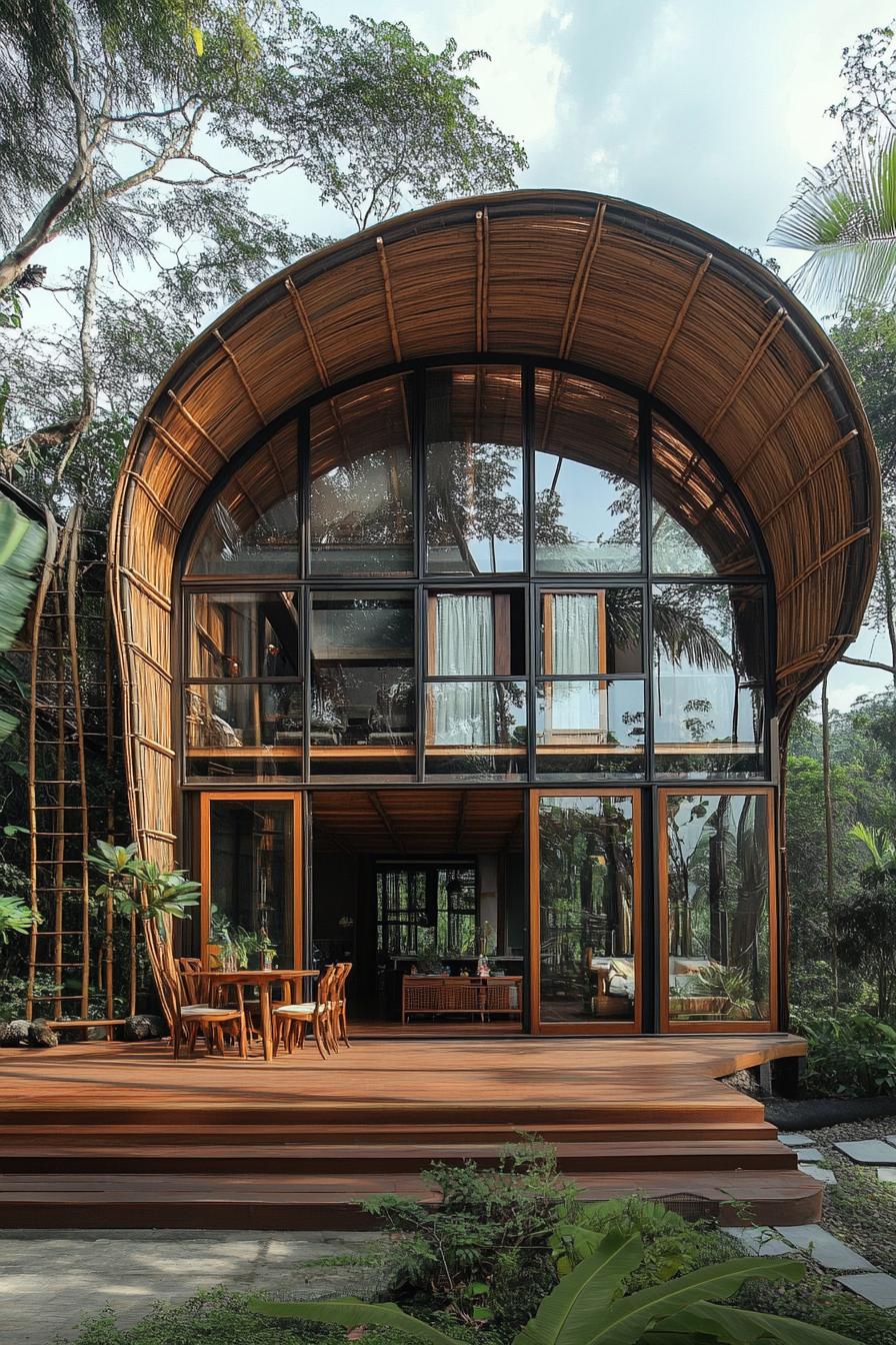 Modern bamboo house with large glass windows