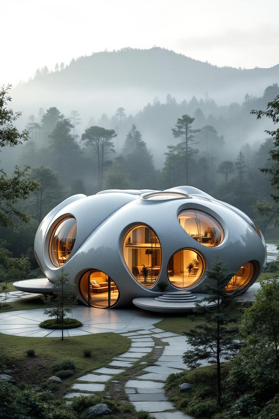 Dome-shaped house nestled in a foggy forest