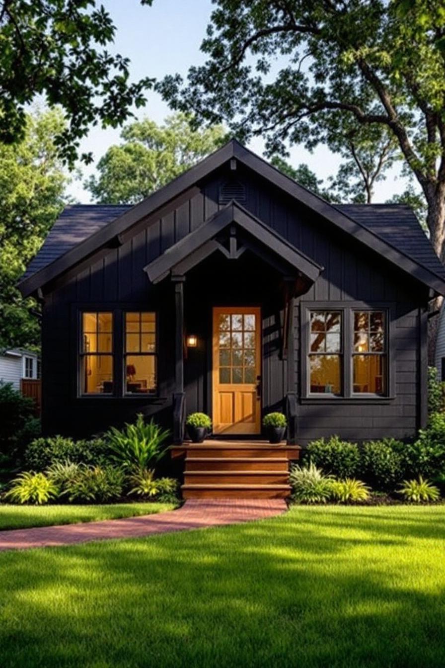 Cozy black house with a warm glow from inside