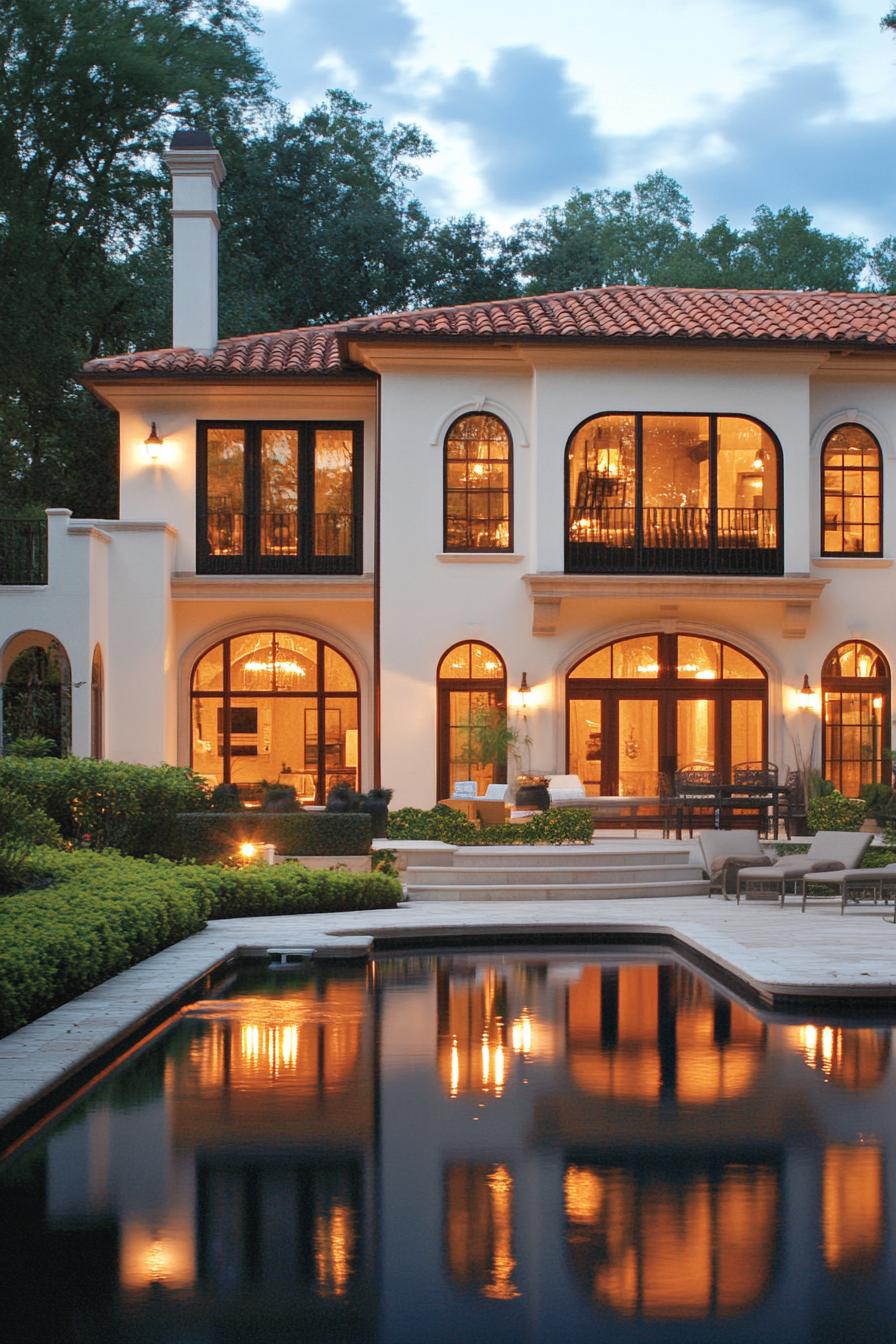 Elegant Spanish villa with lit windows reflecting on a pool