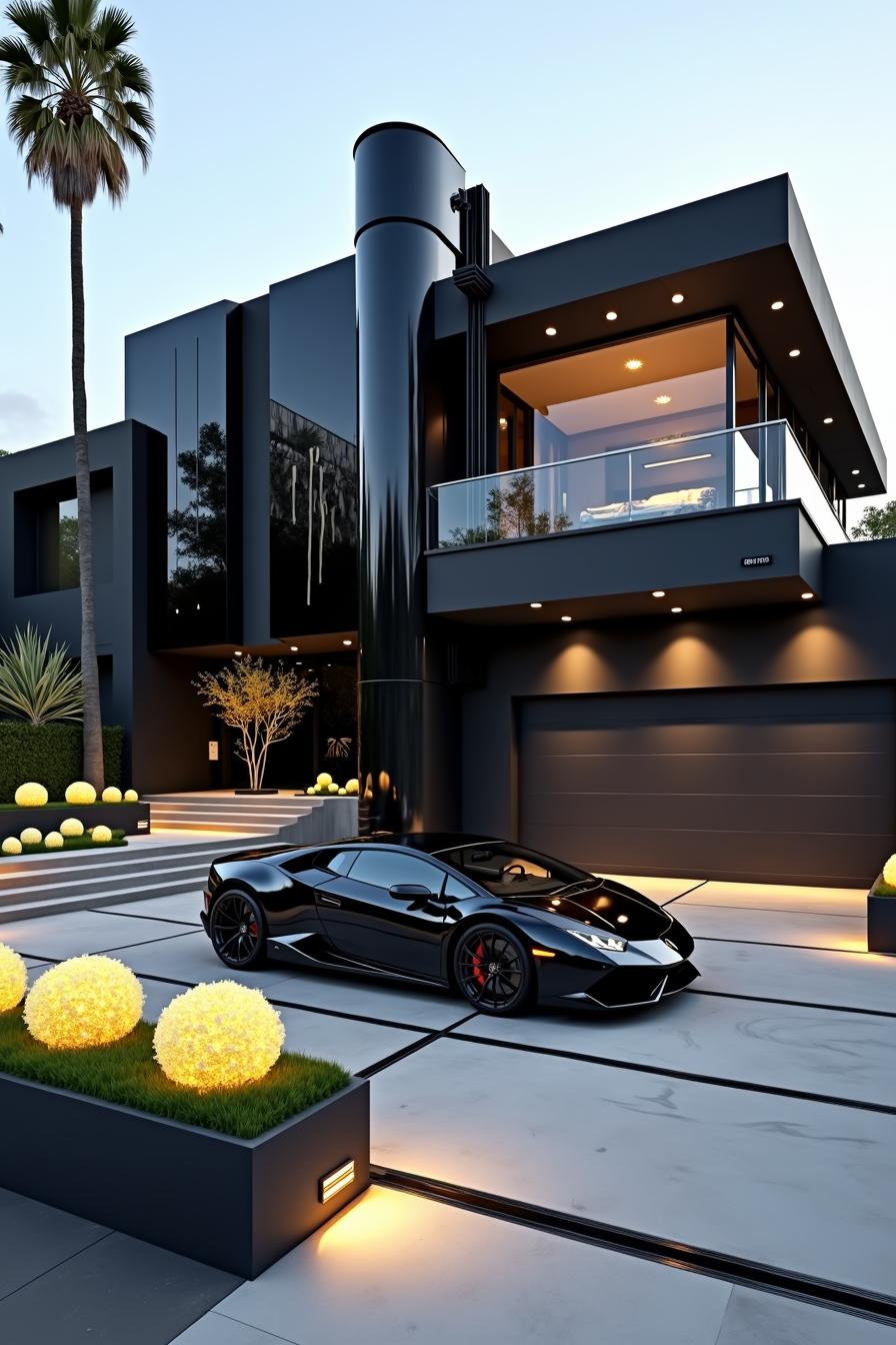 Black modern house with luxurious car and palm tree