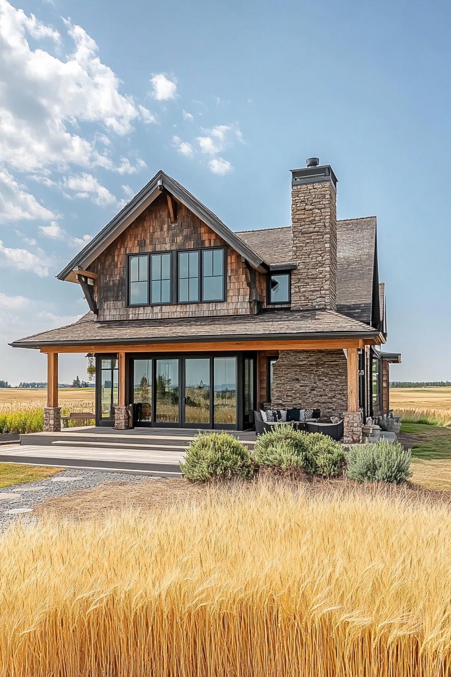 Craftsman farmhouse surrounded by golden wheat fields