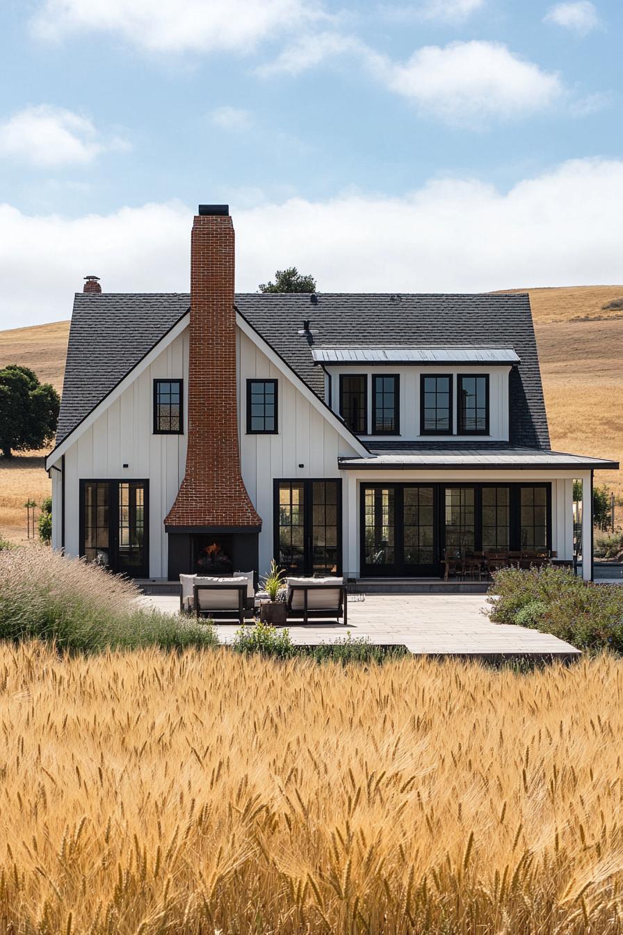 White farmhouse with a large chimney and lush garden