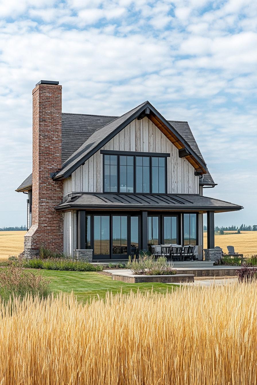 Farmhouse surrounded by golden wheat and open sky