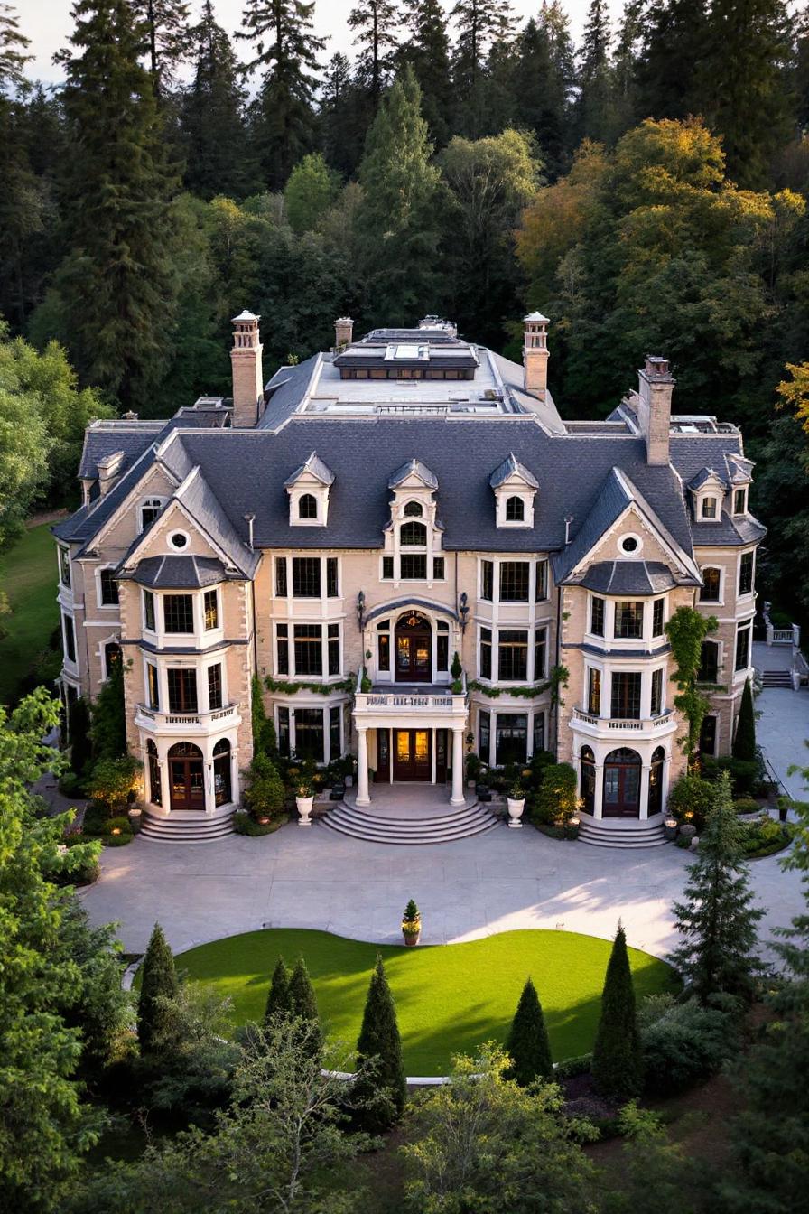 Grand mansion surrounded by lush forest