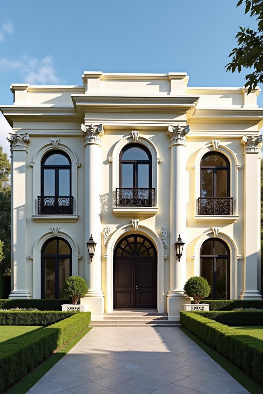 Elegant mansion with stylized columns and verdant hedges