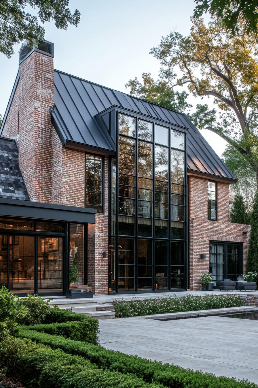 Chic brick house with large windows and modern roof