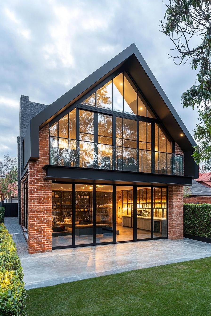 Modern house with large glass windows and brick walls