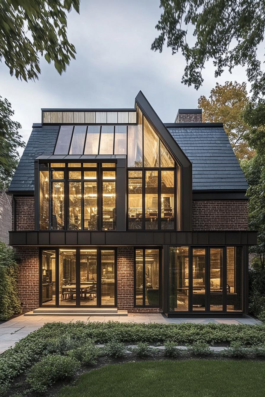 Modern house with large glass windows surrounded by trees