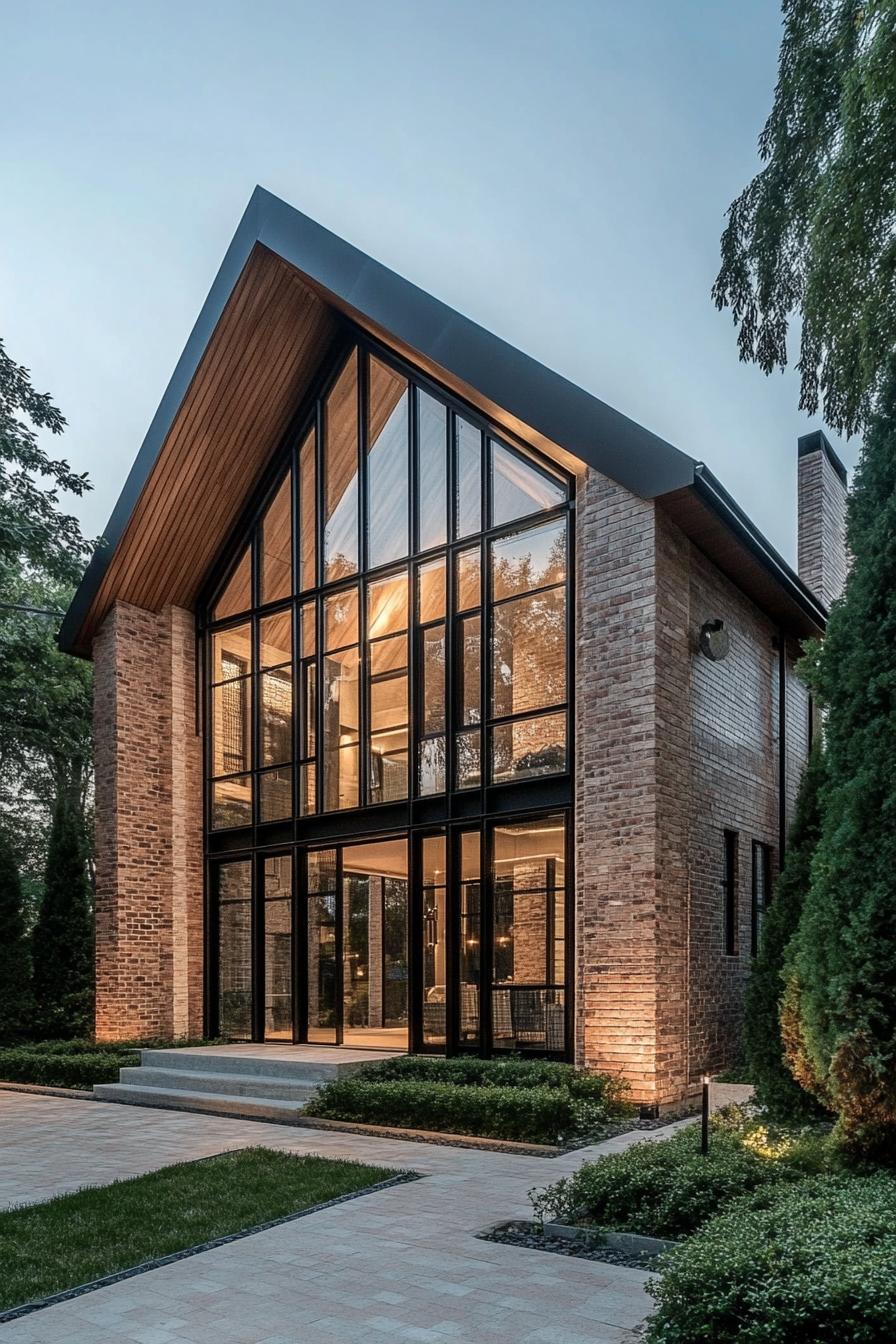 Stunning brick house with large glass windows surrounded by trees