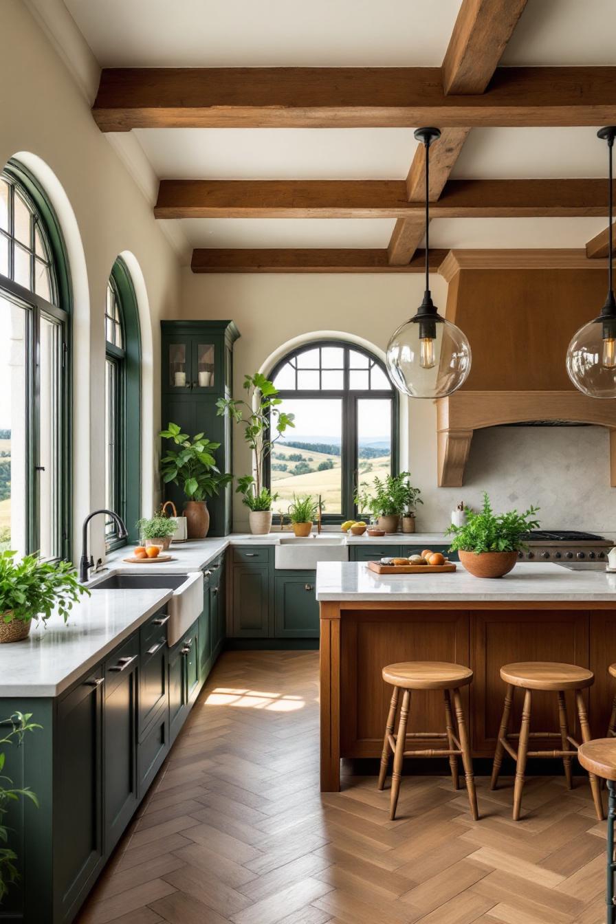 Spanish-inspired kitchen with wooden beams and green cabinets