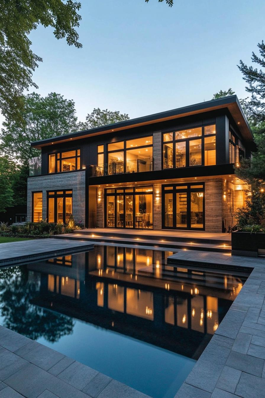 Modern house with a lit-up facade and pool