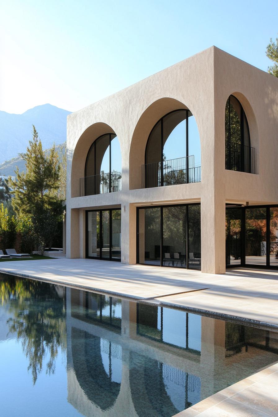 Modern Arabic house with arched windows by a pool