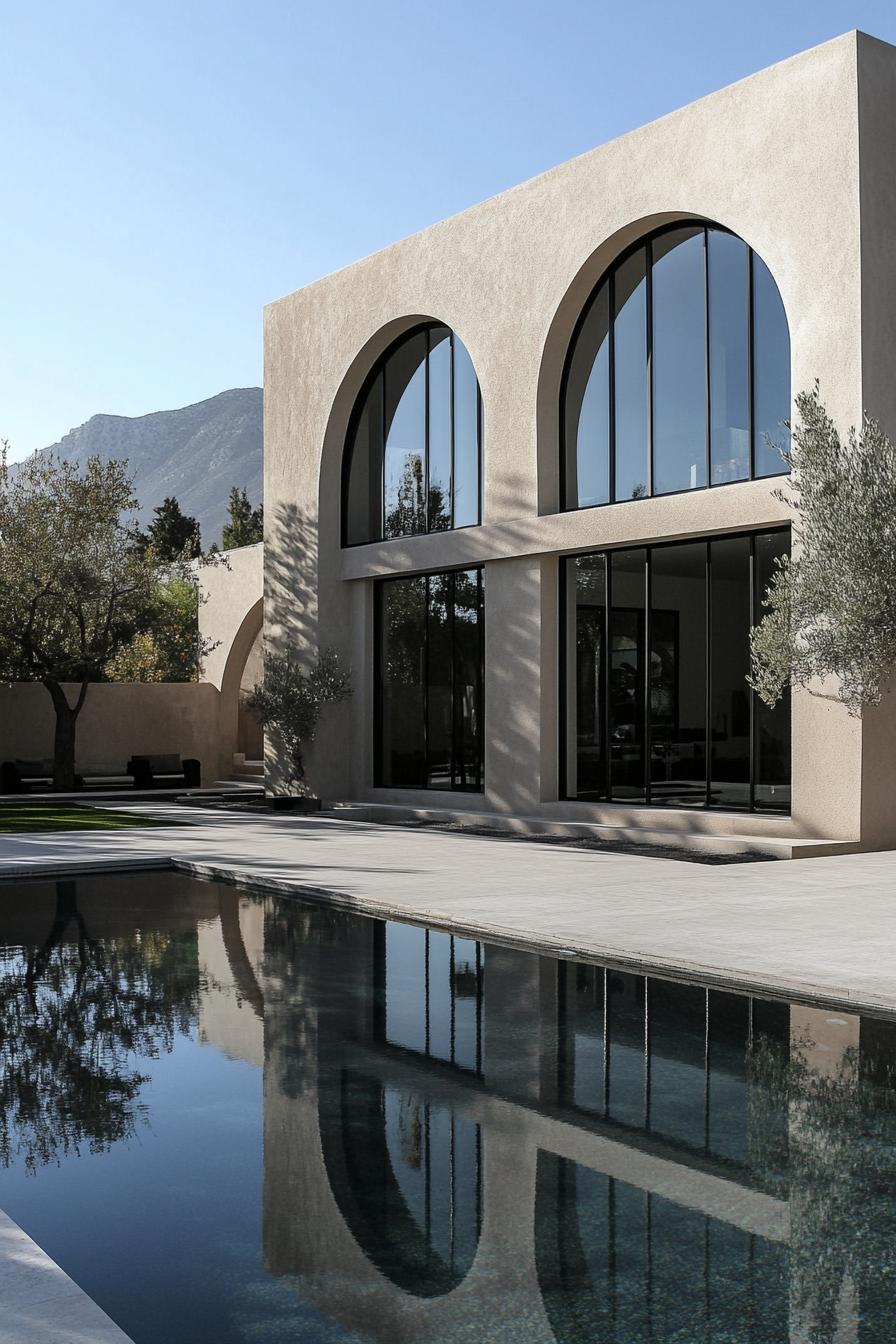 Modern building with large arches and a reflective pool