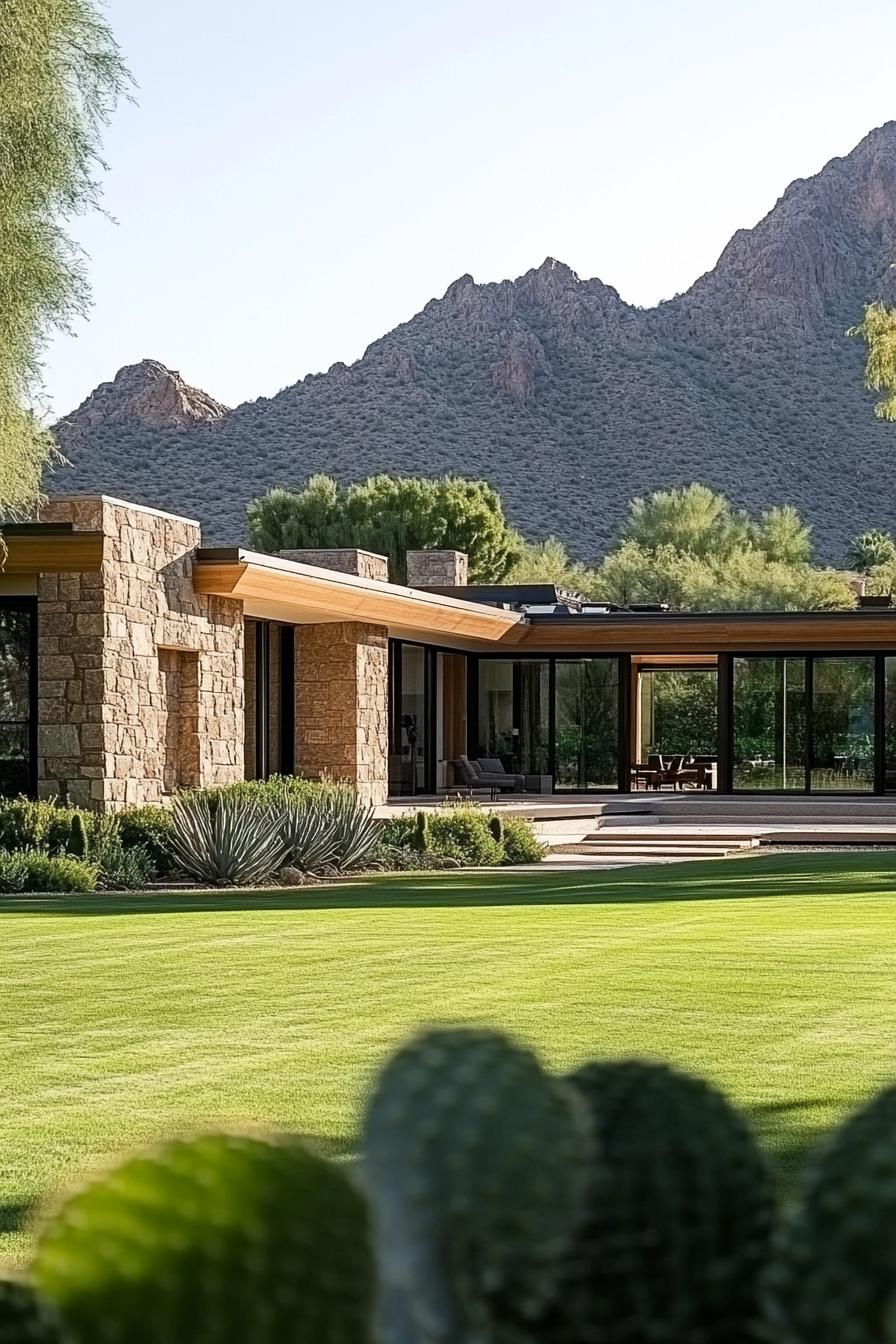 Modern desert home with mountains and lush lawn