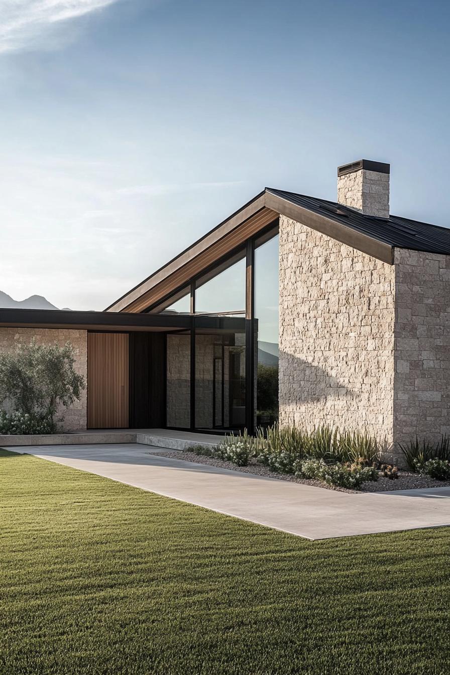 Modern stone house with large windows and manicured lawn