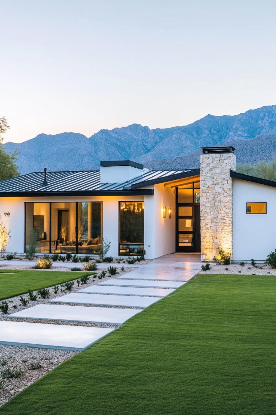 Contemporary house with large windows and a stone chimney