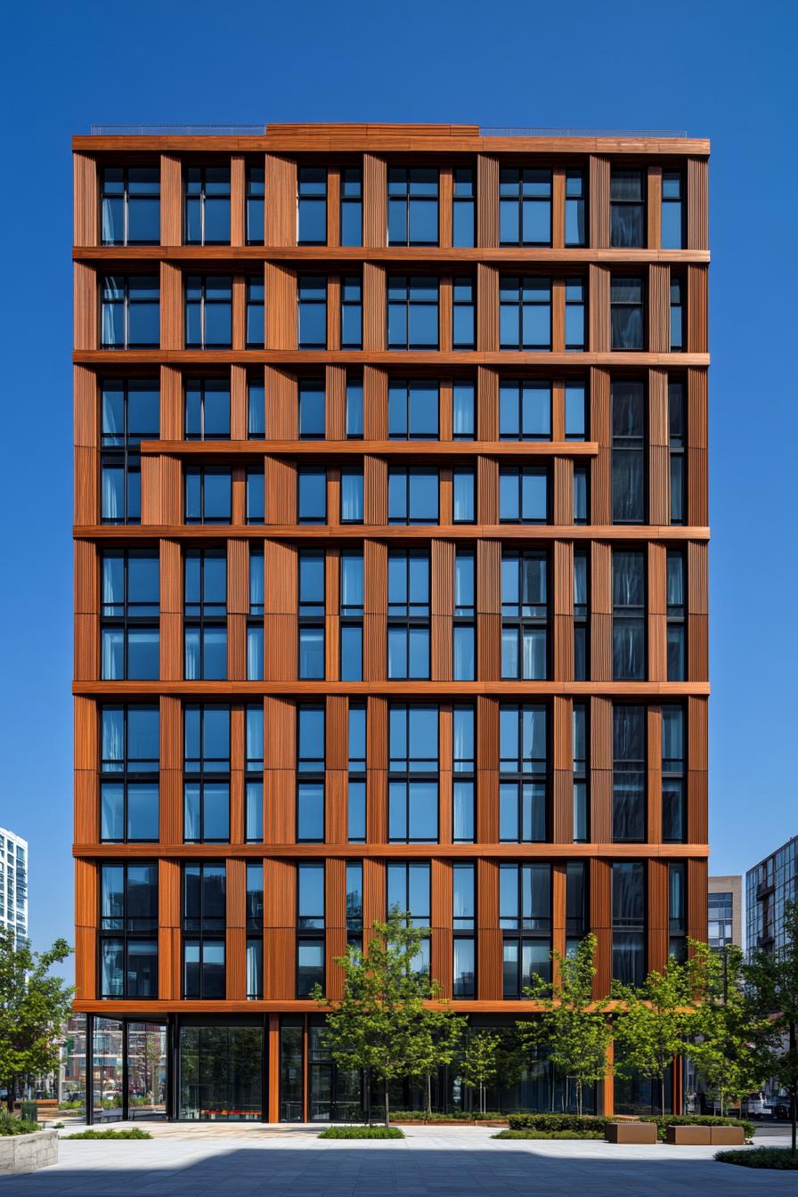 Tall building with orange facade and large windows