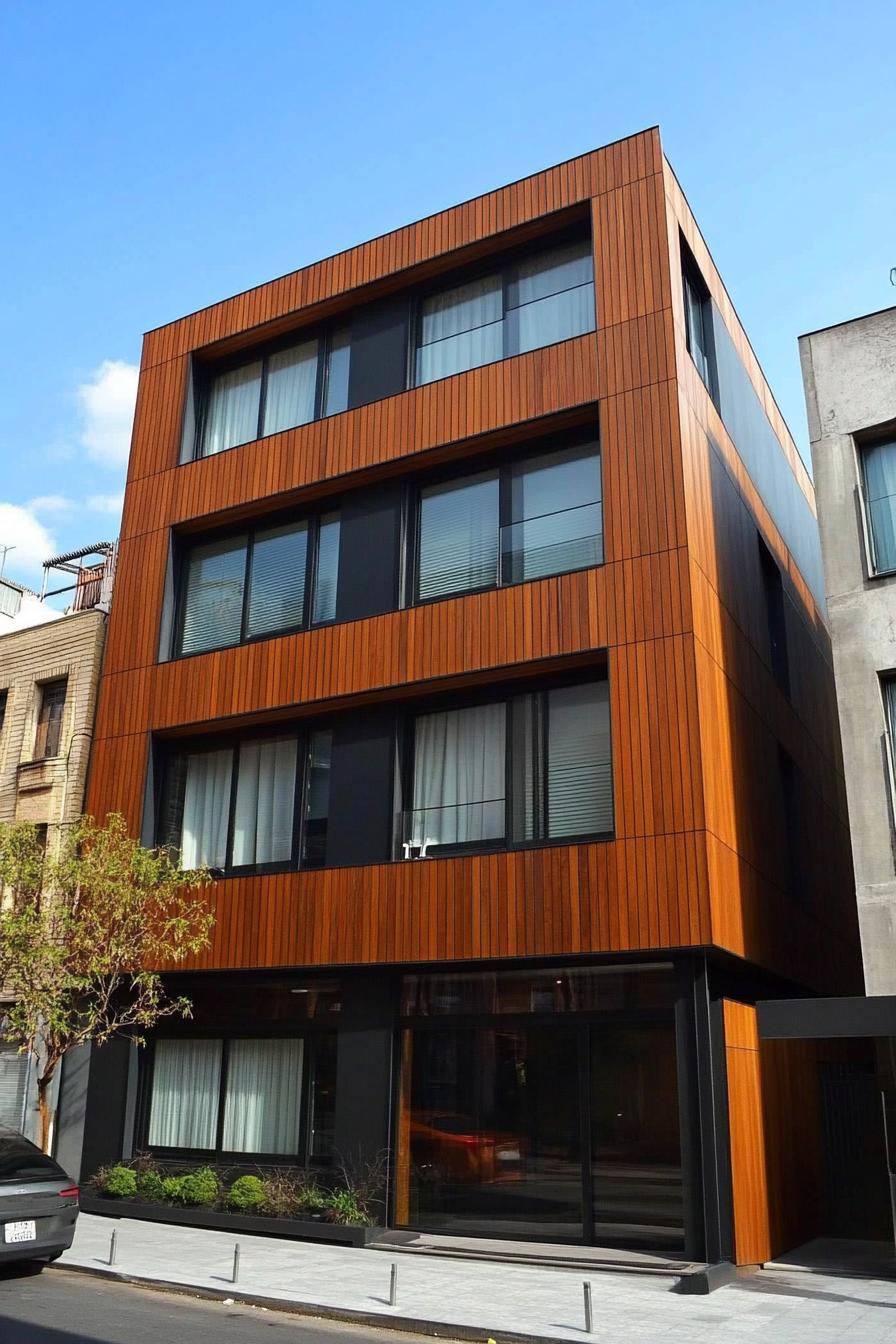 Four-story building with modern wood cladding