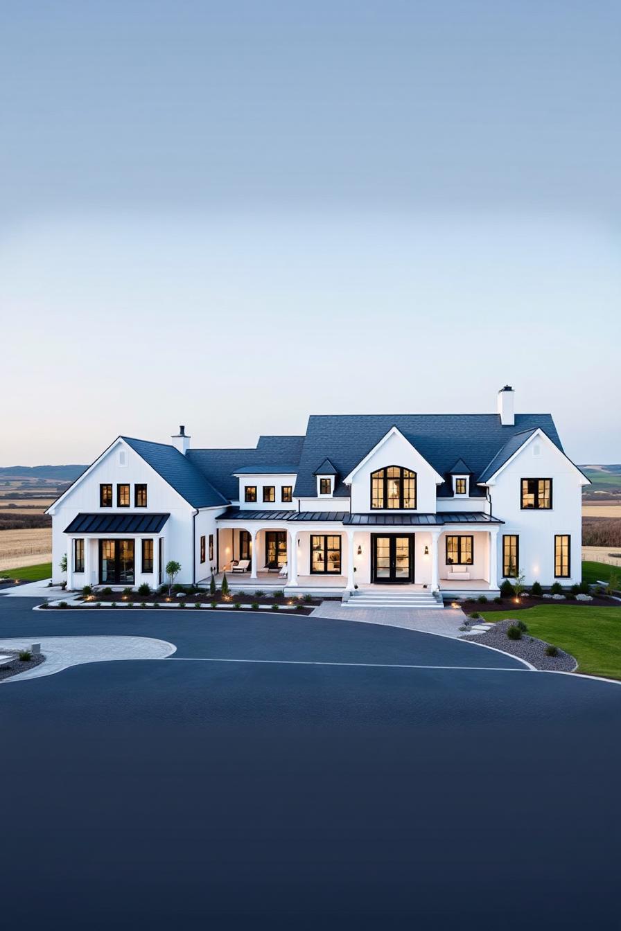 Modern luxury farmhouse expansive L shaped two story facade white siding black window frames roof with multiple gables and dormers generous front