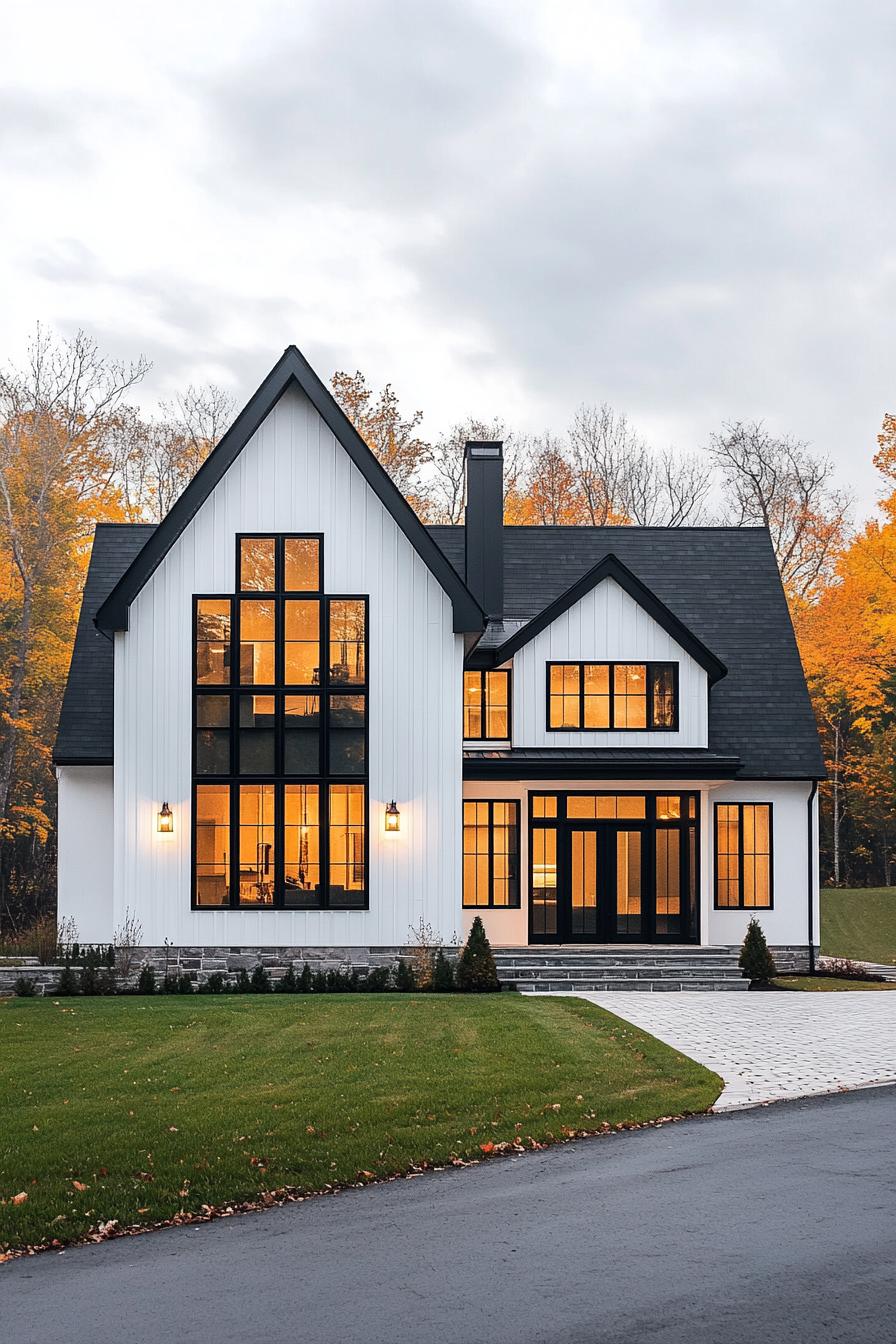 White farmhouse with black trim and large windows