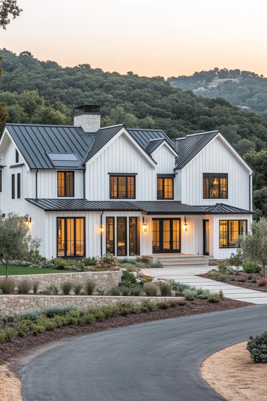 Modern white farmhouse with glowing windows