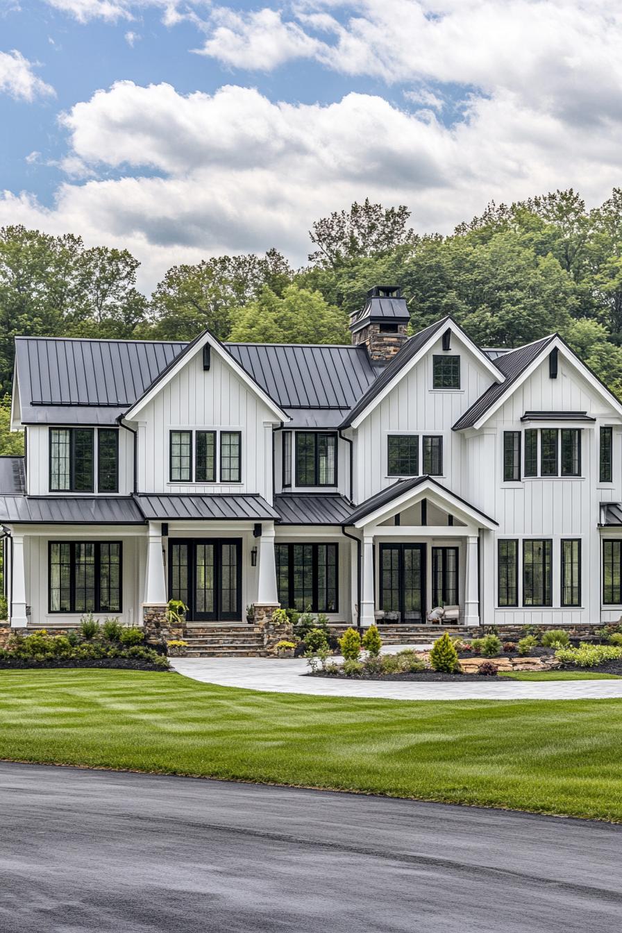 Elegant white farmhouse with black trim