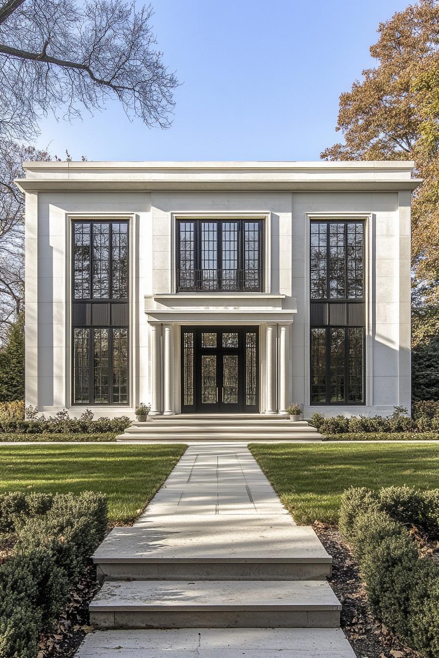 Elegant facade of a modern neoclassical house with large windows