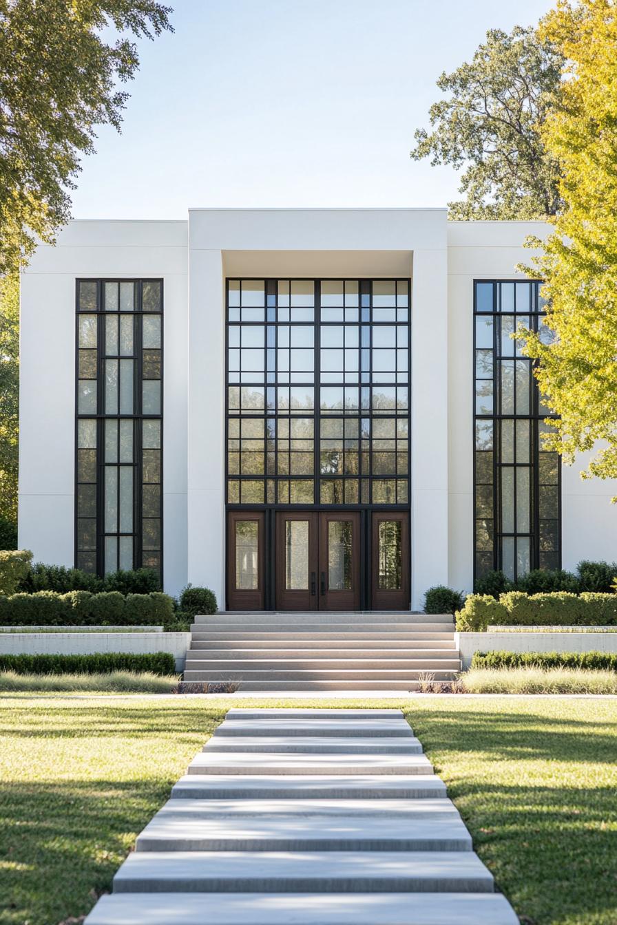 Modern neoclassical house with tall windows and lush greenery