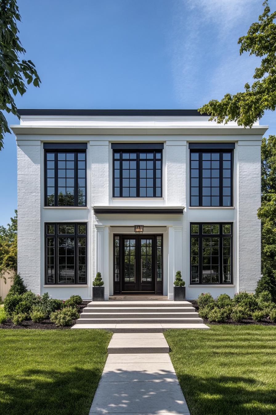 White brick facade with large black-framed windows