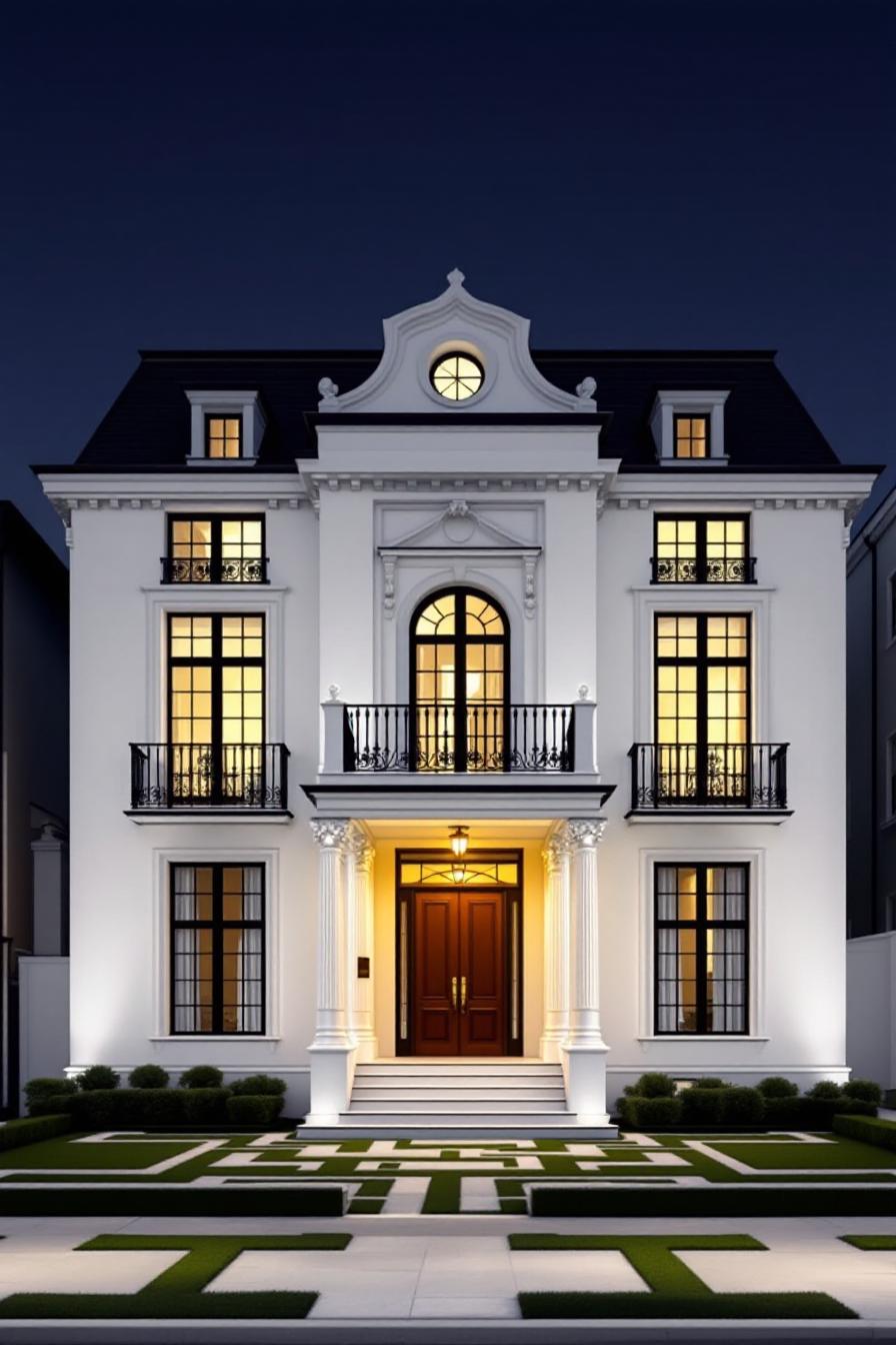 Elegant modern neoclassical house at night with lit windows