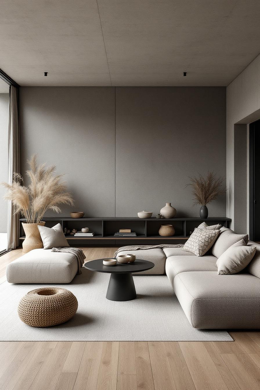 Minimalist living room with neutral tones and natural accents