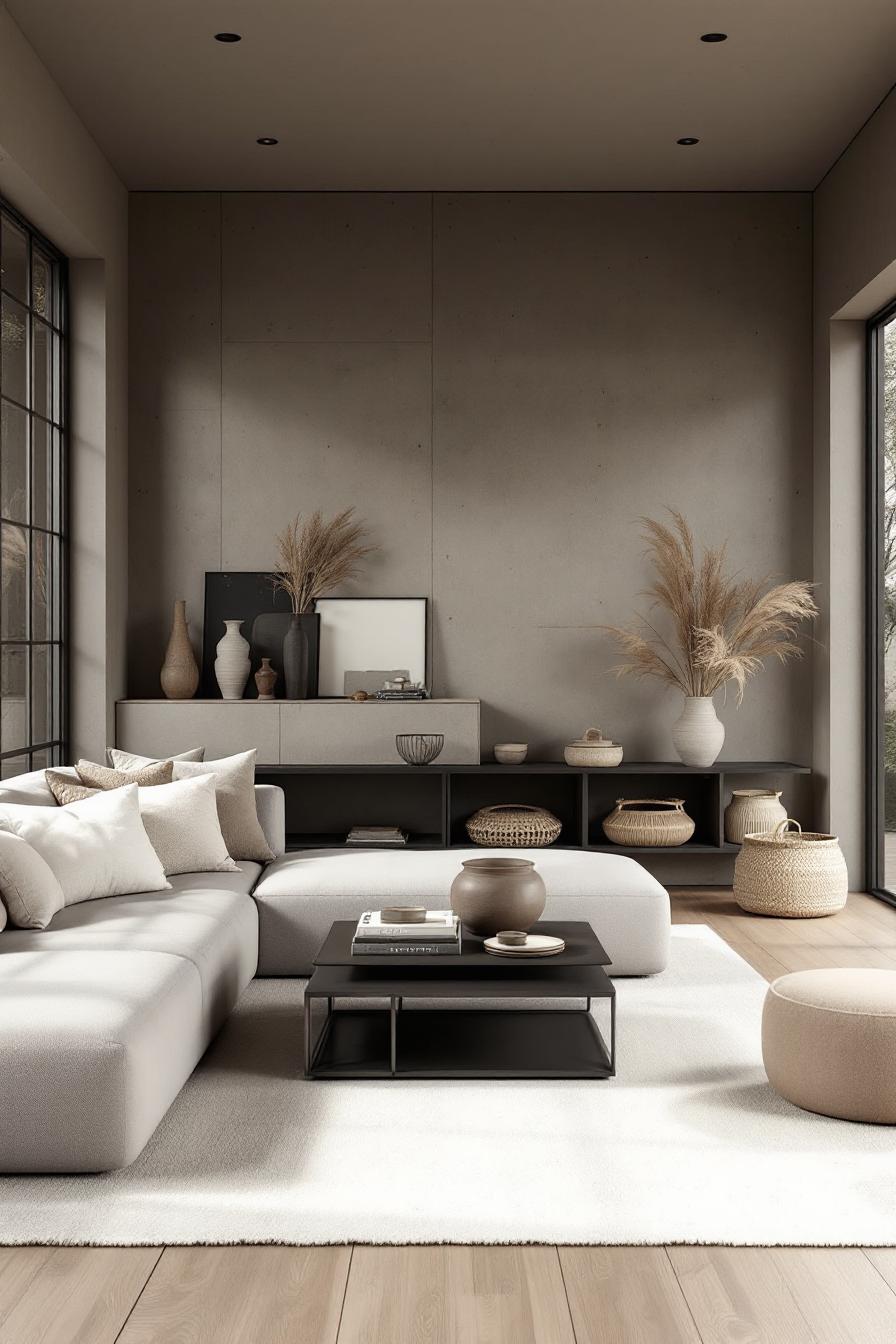 Minimalistic living room with neutral tones and nature-inspired decor