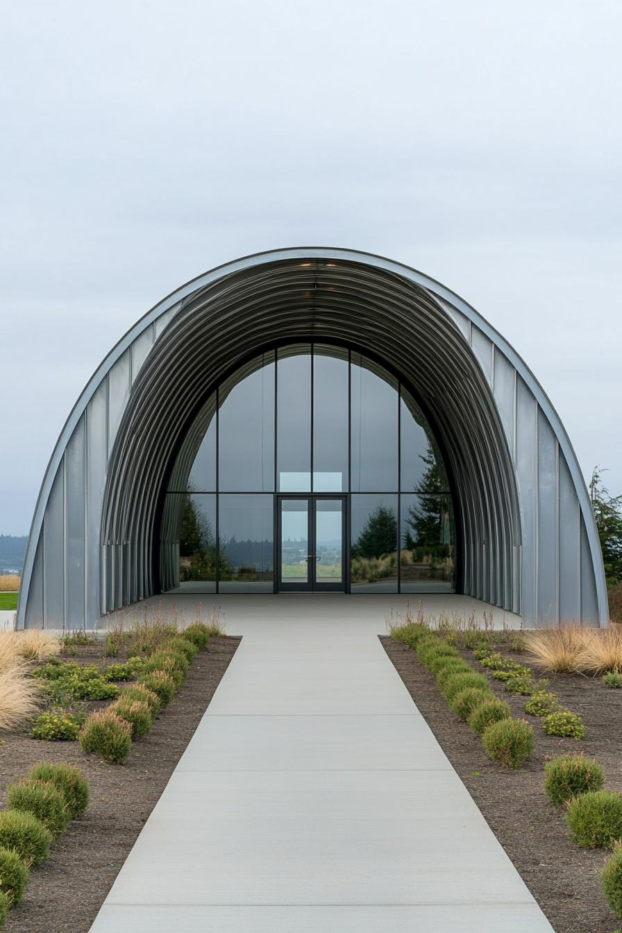 Modern Quonset hut with glass facade in a landscaped setting