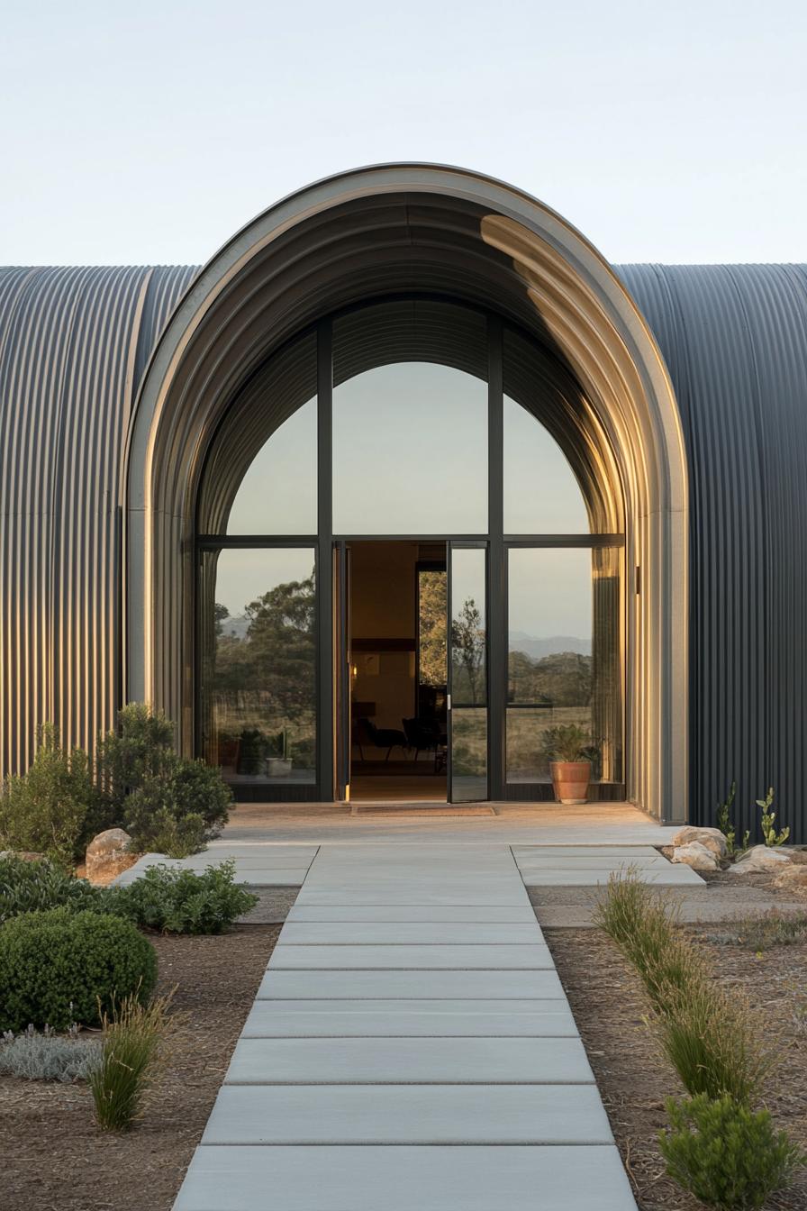 Quonset hut with a glass entrance and landscaped path