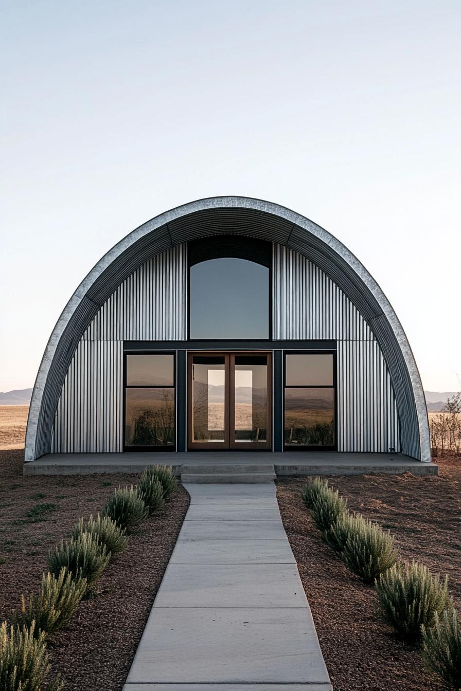 Modern Quonset hut with arched roof and large windows