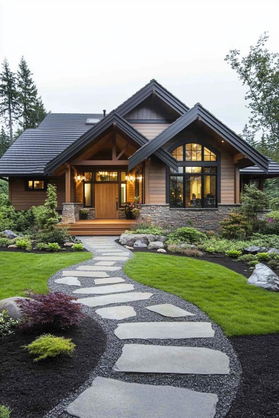 Cozy ranch style house with lush path and greenery