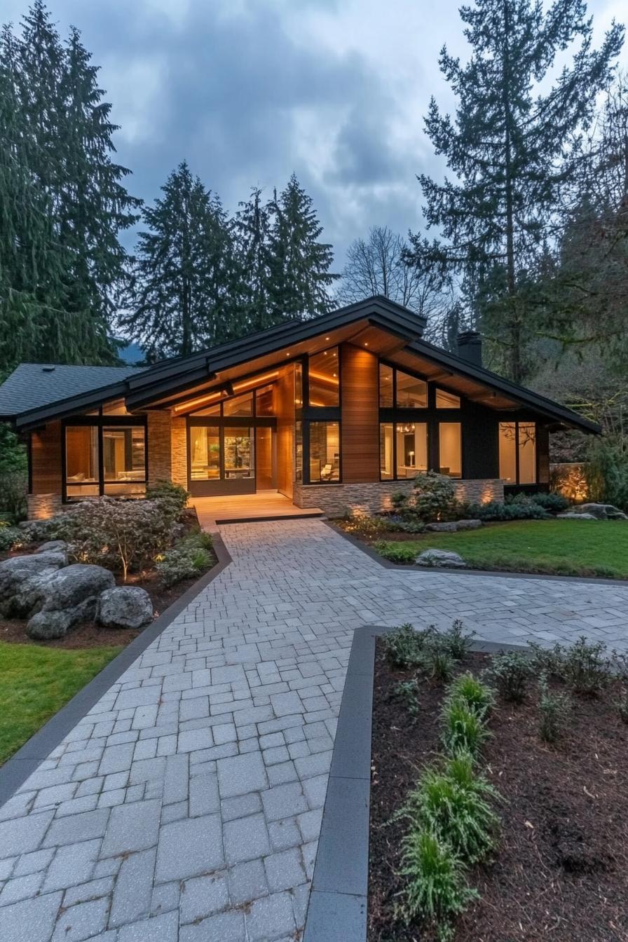 Modern ranch house with large windows and pathway