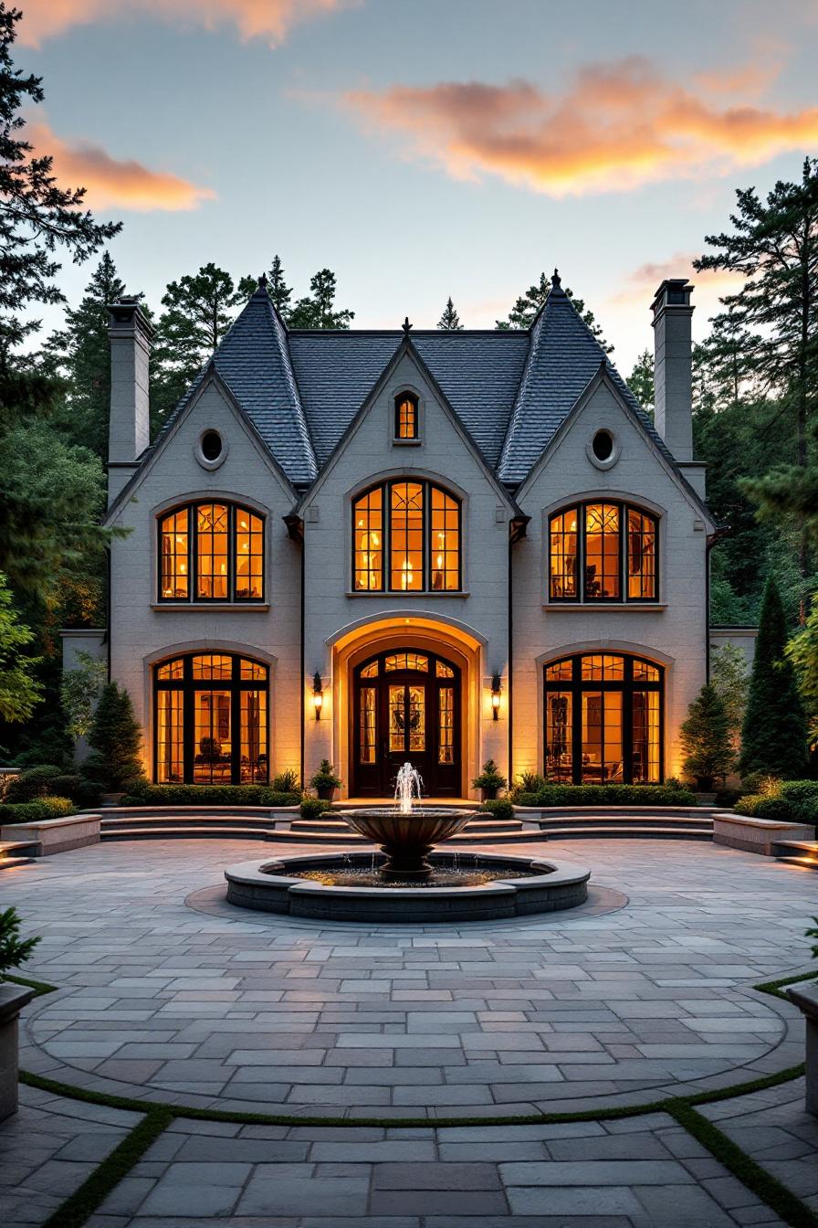 Elegant house with arched windows and a central fountain