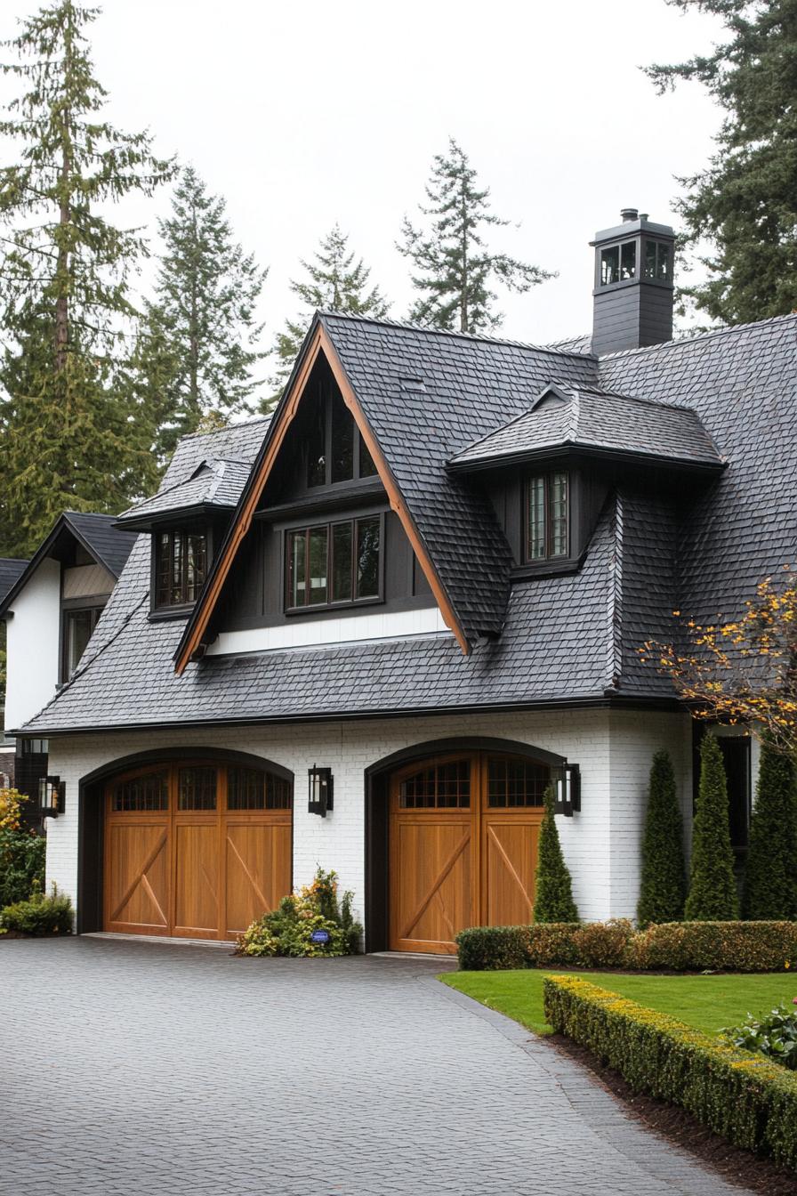 Modern craftsman house with wooden garage doors and a slate roof