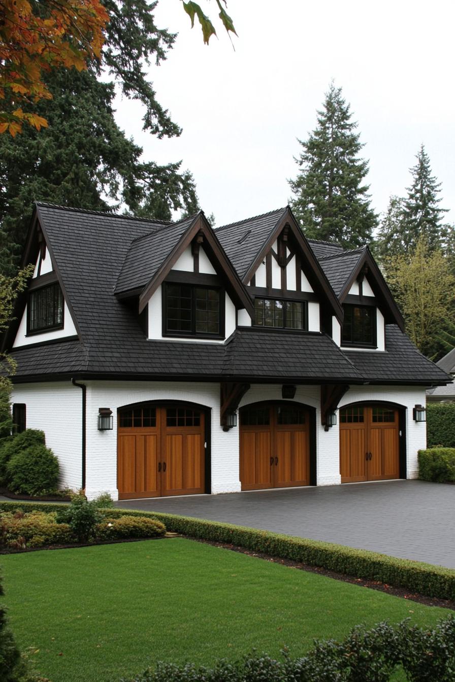 Elegant craftsman house with gabled roof and wooden garage doors