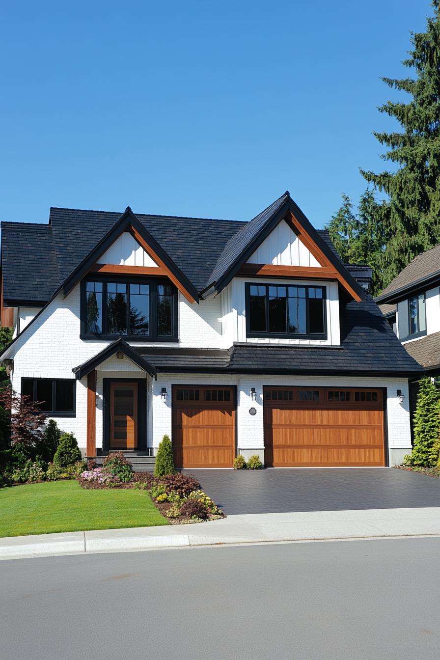 A modern craftsman house with a striking black roof and inviting wooden accents