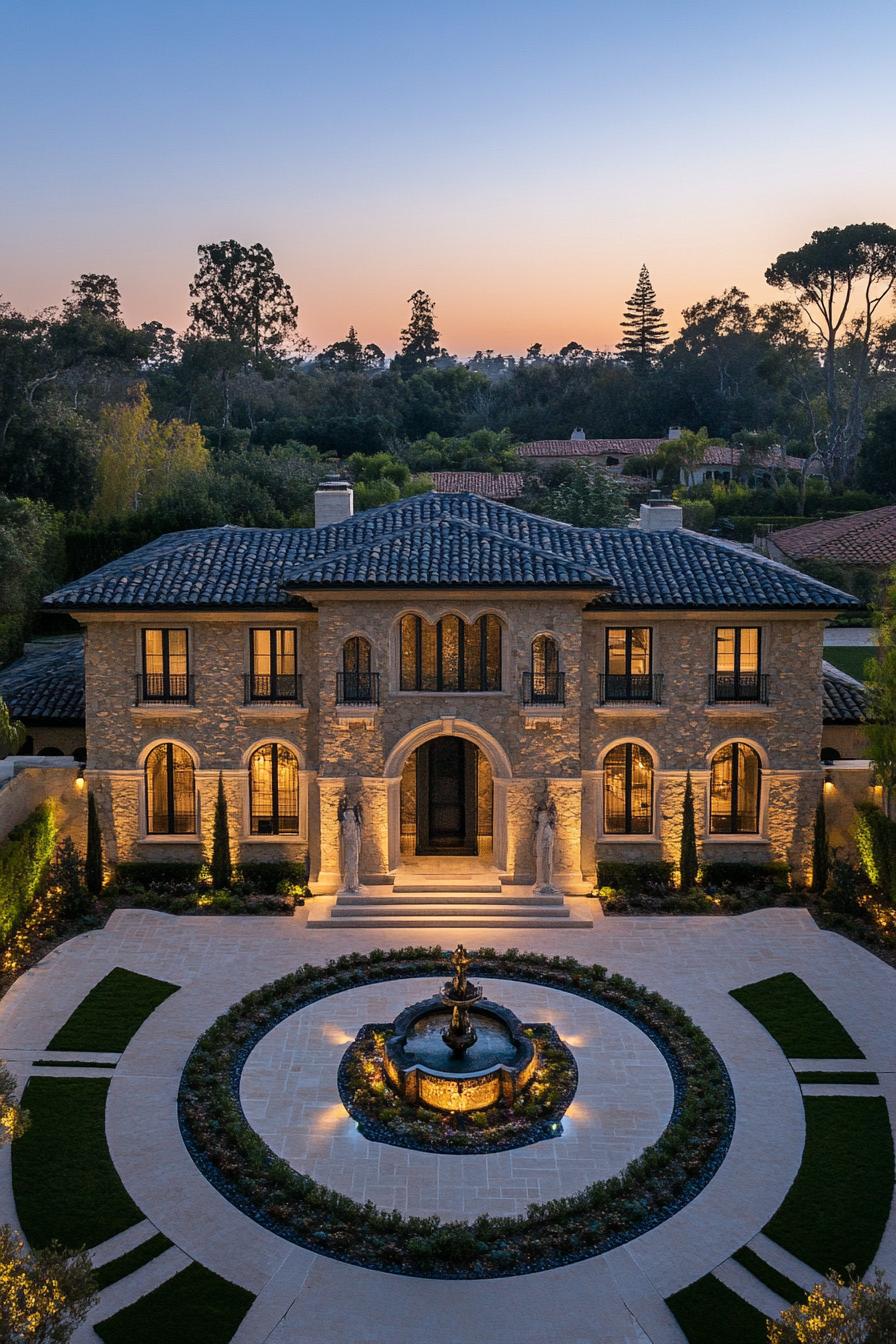 Symmetrical stone house with central fountain