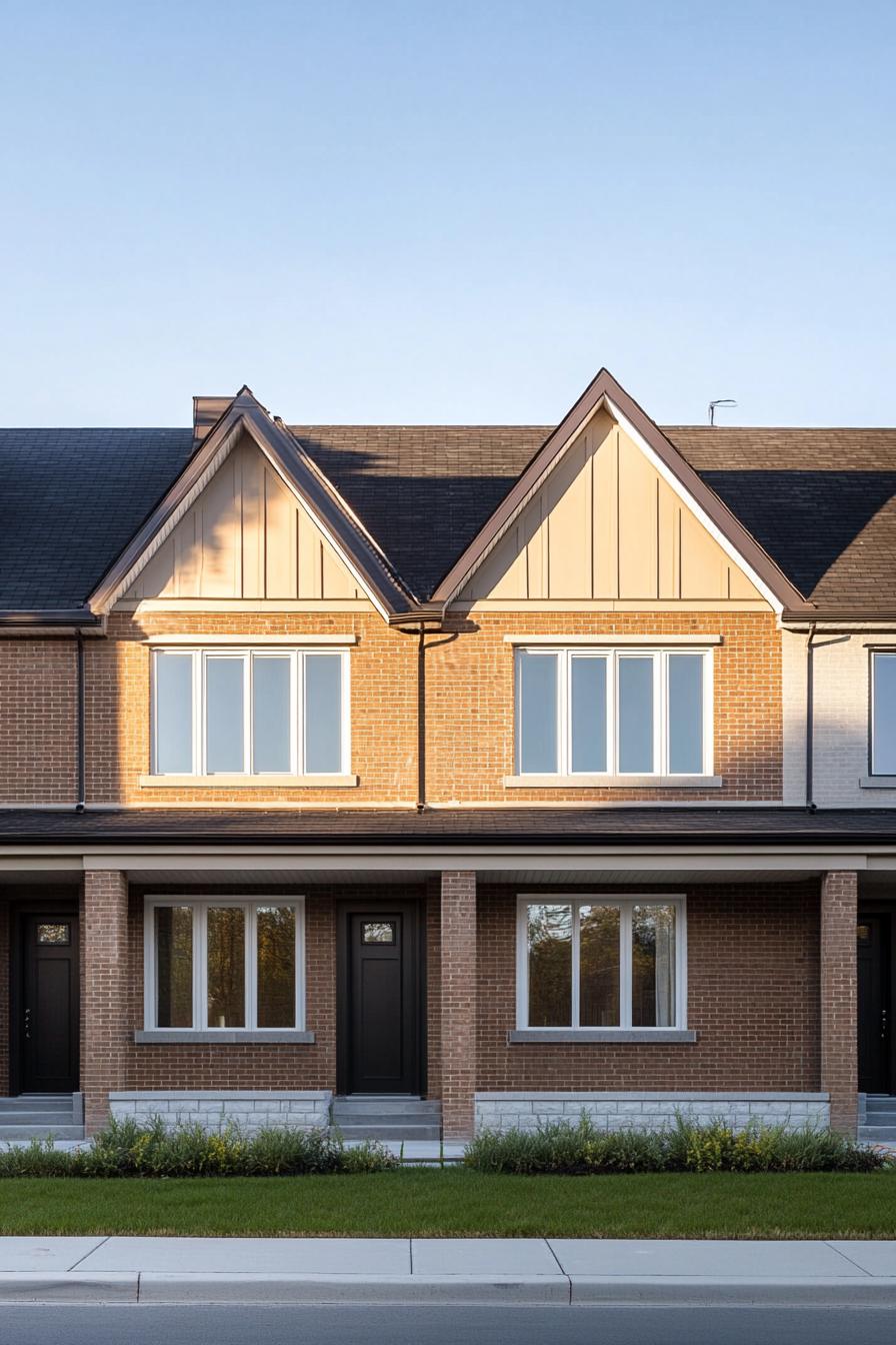 Townhouse with tall gabled roof and brick exterior