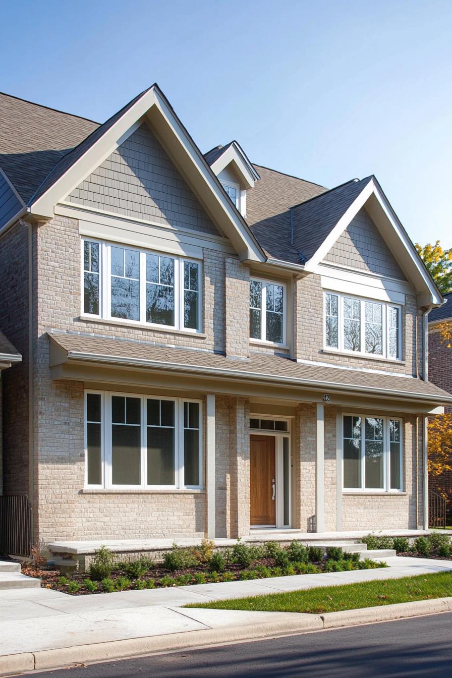 Front view of a modern townhouse with brick and large windows