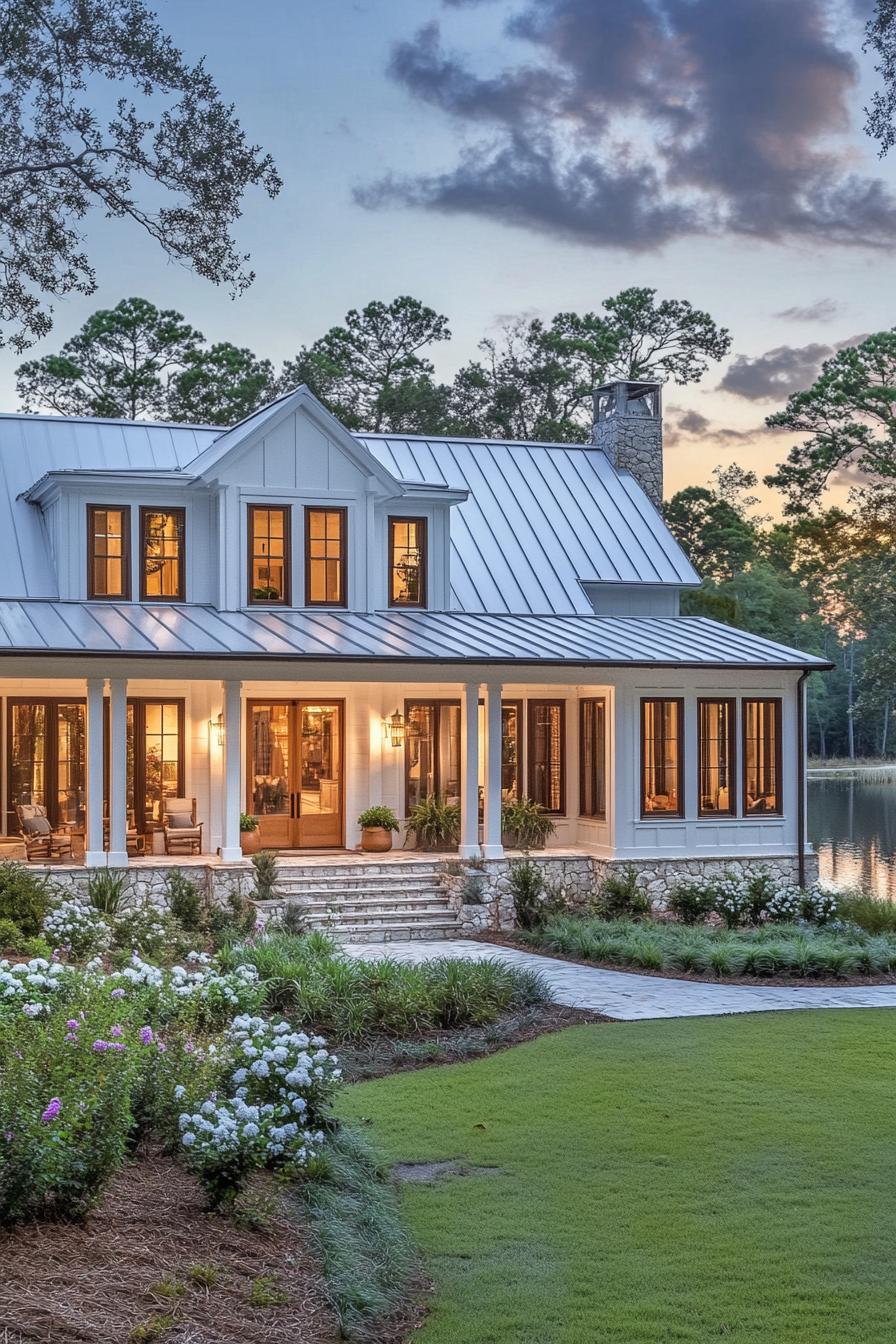 Charming house with a metal roof beside a lake